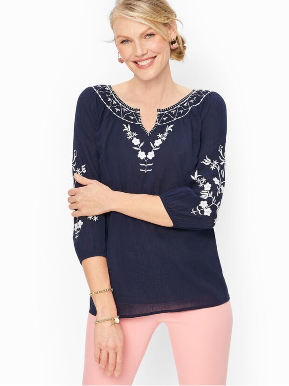 Talbots Embroidered Navy Peasant Top with White Floral Detail XLP